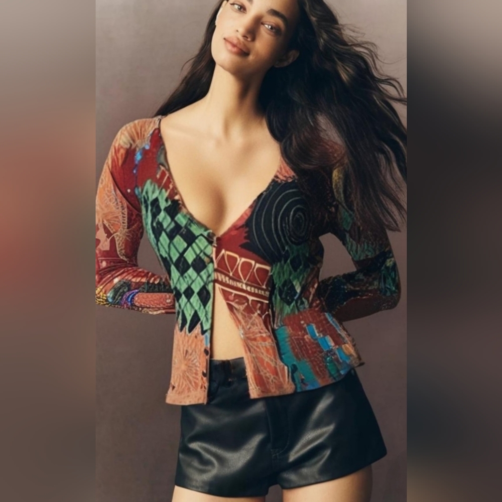 Alberto Makali Vibrant Black And Orange Patchwork Top